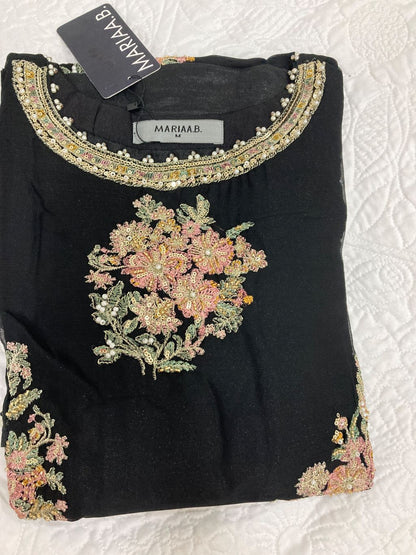 Maria B Inspired Black Embroidered Chiffon Suit – Stitched 3pc-RW3-123
