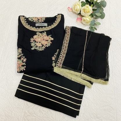 Maria B Inspired Black Embroidered Chiffon Suit – Stitched 3pc-RW3-123