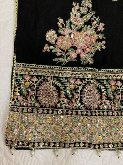 Maria B Inspired Black Embroidered Chiffon Suit – Stitched 3pc-RW3-123