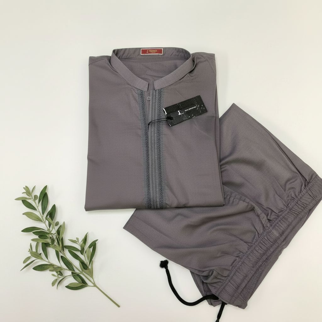 J. Men’s Grey Embroidered Kurta Trousers – Stitched - MRW14