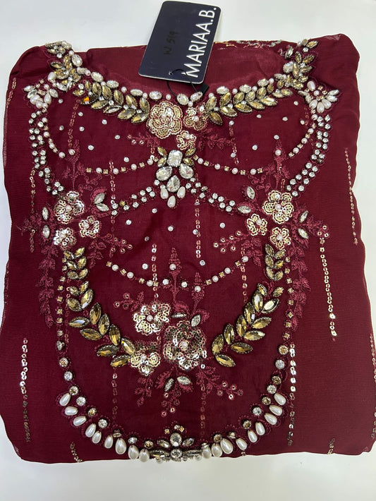 Maria.B Inspired Maroon Embroidered Chiffon Suit – Stitched 3pc - RW3-104