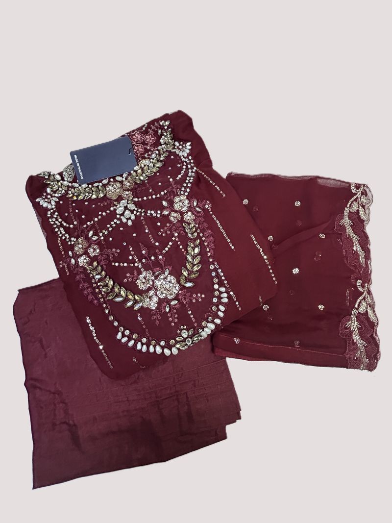 Maria.B Inspired Maroon Embroidered Chiffon Suit – Stitched 3pc - RW3-104