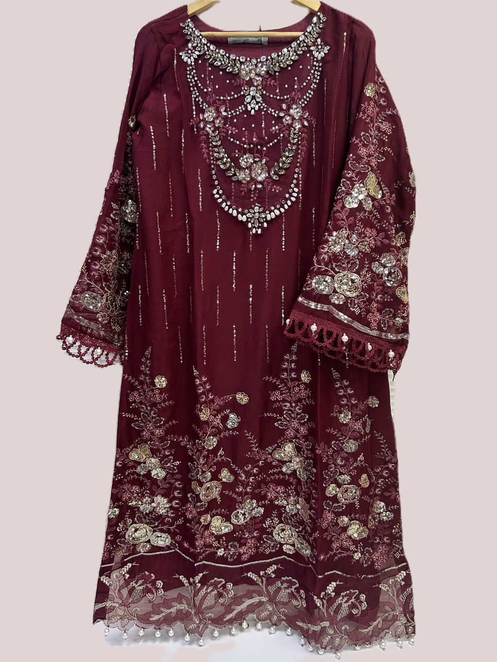 Maria.B Inspired Maroon Embroidered Chiffon Suit – Stitched 3pc - RW3-104