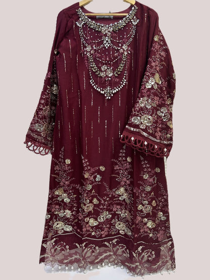 Maria.B Inspired Maroon Embroidered Chiffon Suit – Stitched 3pc - RW3-104