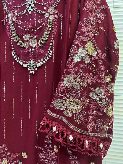 Maria.B Inspired Maroon Embroidered Chiffon Suit – Stitched 3pc - RW3-104