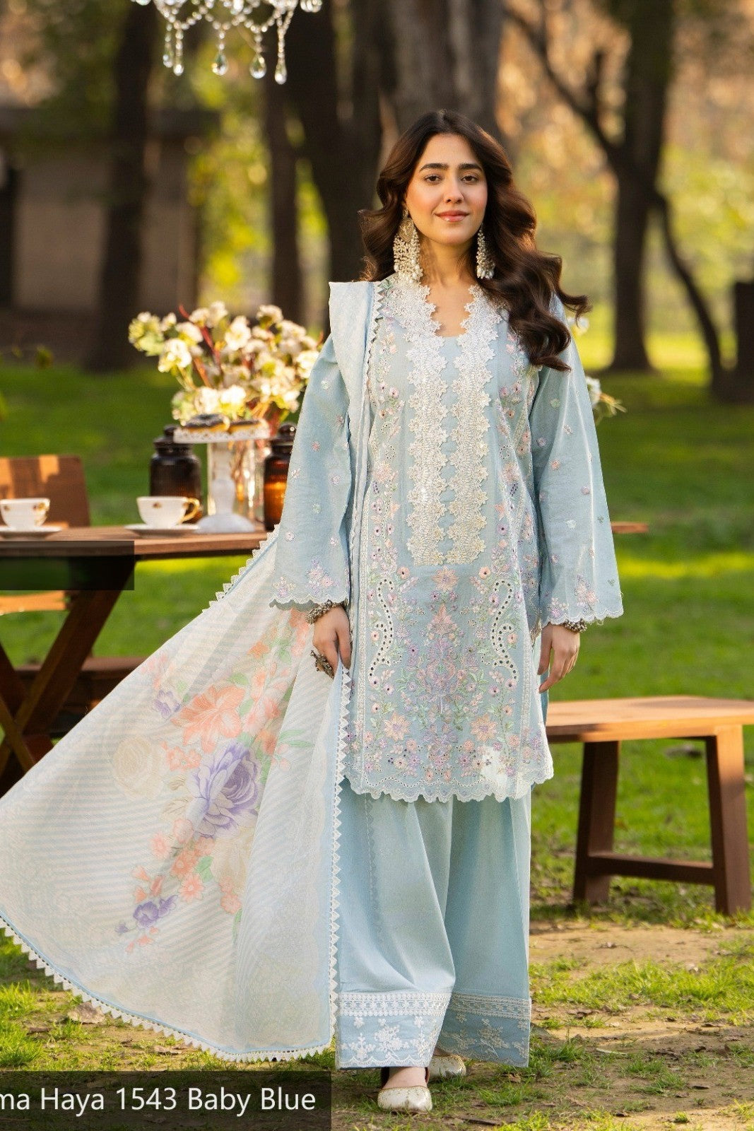 Karma Haya blue embroidered lawn 3-piece stitched suit with dupatta and trousers