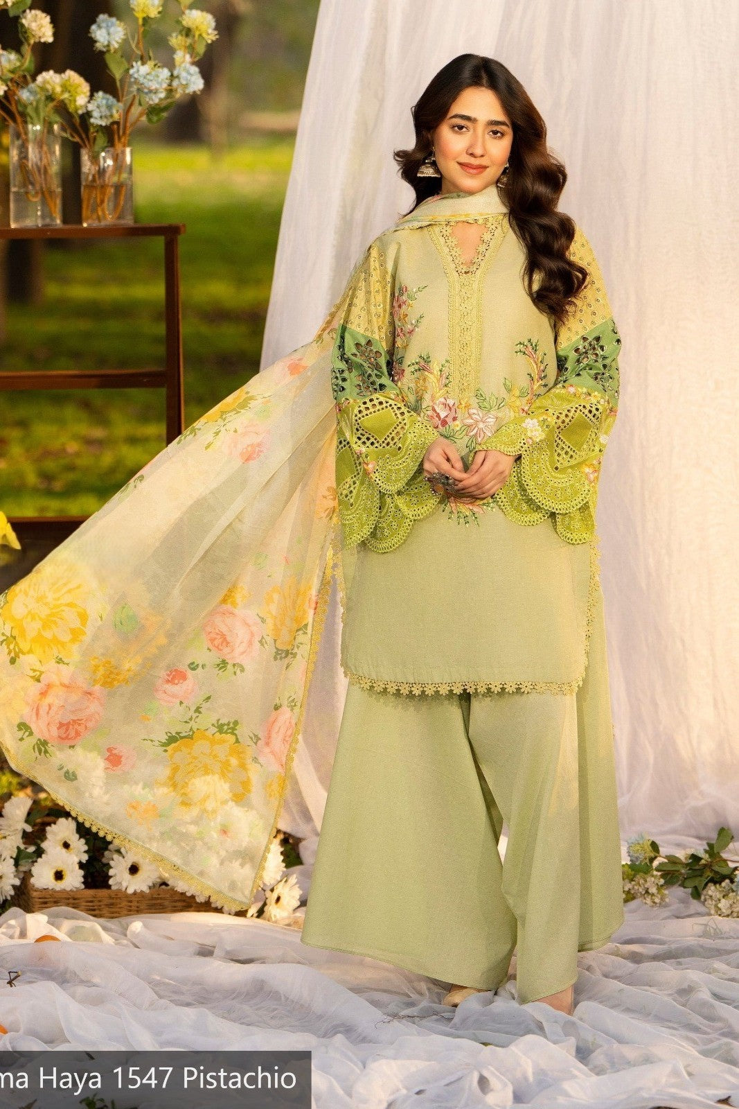 Karma Haya green embroidered lawn 3-piece stitched suit with dupatta and trousers
