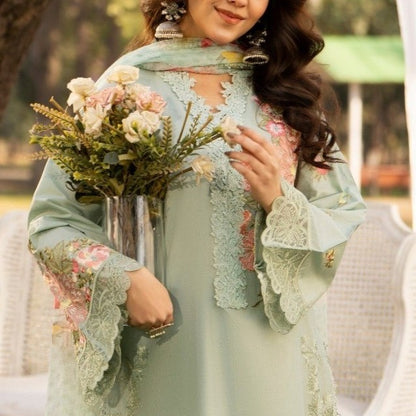 Green lawn stitched suit showing intricate hand-crafted embroidery detail
