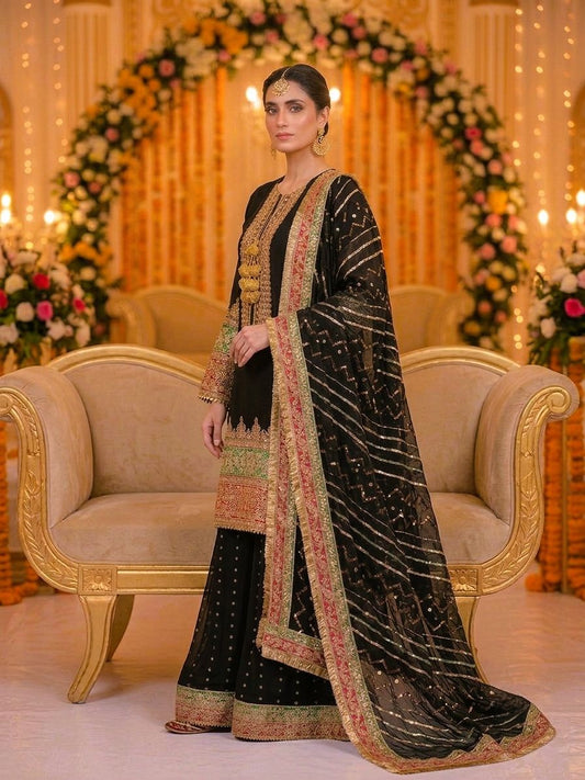 Maria B Inspired Black Embroidered Chiffon Suit – Stitched 3pc-RW3-163