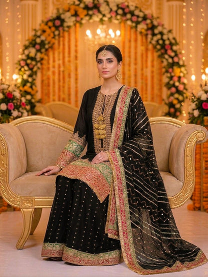 Maria B Inspired Black Embroidered Chiffon Suit – Stitched 3pc-RW3-163