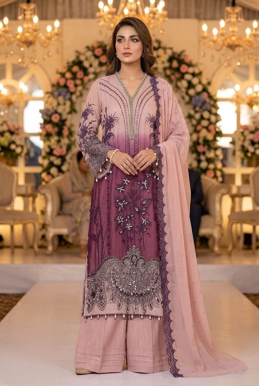 Maria B Inspired Pink Tie-Dye Embroidered Chiffon Suit – Stitched 3pc-RW3-158