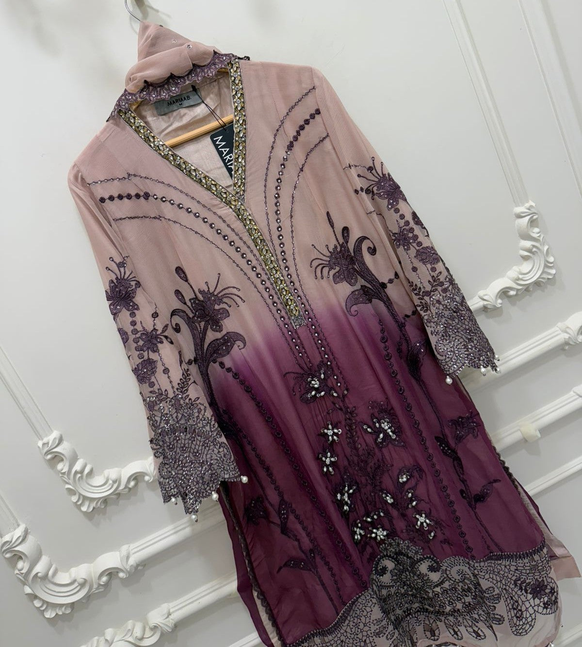 Maria B Inspired Pink Tie-Dye Embroidered Chiffon Suit – Stitched 3pc-RW3-158