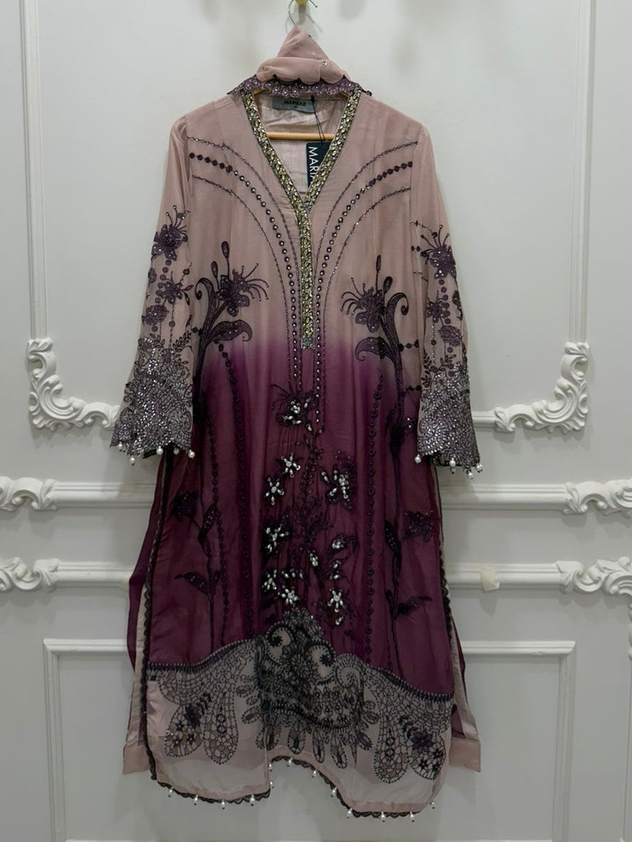 Maria B Inspired Pink Tie-Dye Embroidered Chiffon Suit – Stitched 3pc-RW3-158