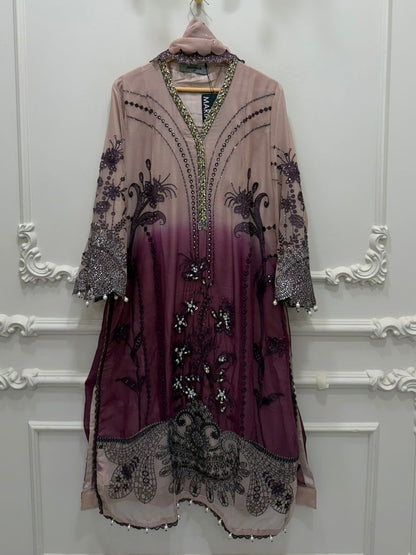 Maria B Inspired Pink Tie-Dye Embroidered Chiffon Suit – Stitched 3pc-RW3-158