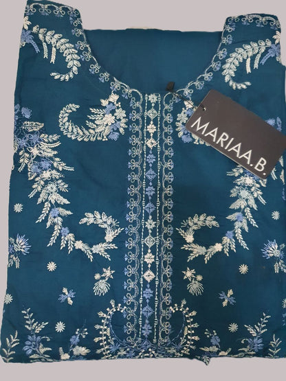 Maria B Inspired Dark Teal Embroidered Cotton Lawn Suit – Stitched 3pc-RW3-156