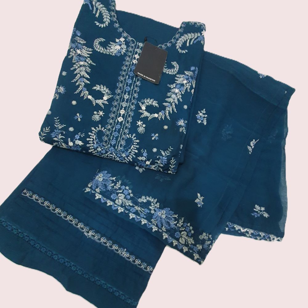 Maria B Inspired Dark Teal Embroidered Cotton Lawn Suit – Stitched 3pc-RW3-156