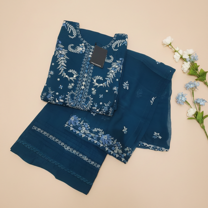 Maria B Inspired Dark Teal Embroidered Cotton Lawn Suit – Stitched 3pc-RW3-156