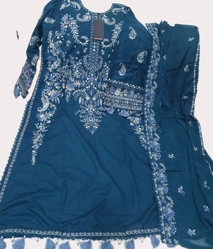 Maria B Inspired Dark Teal Embroidered Cotton Lawn Suit – Stitched 3pc-RW3-156