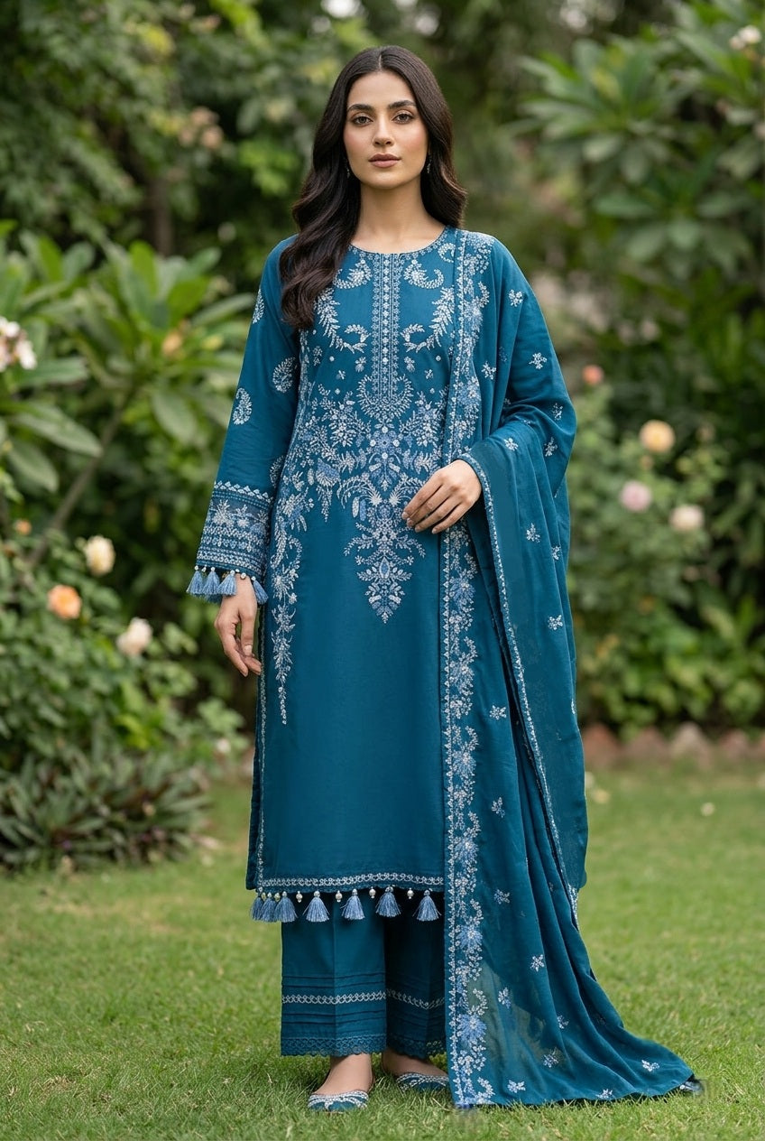 Maria B Inspired Dark Teal Embroidered Cotton Lawn Suit – Stitched 3pc-RW3-156