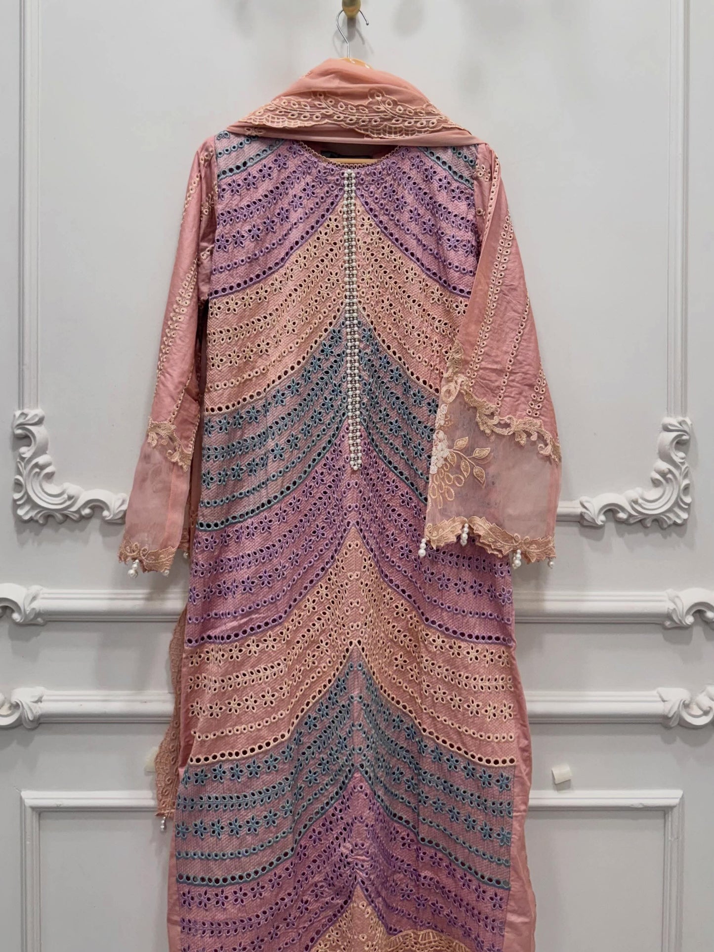 Maria.B Inspired Peach Multicolour Schiffli Cotton Lawn Suit – Stitched 3pc-RW3-129