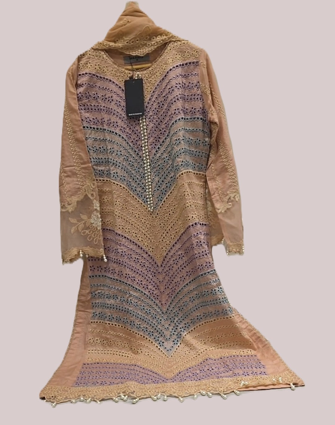 Maria.B Inspired Peach Multicolour Schiffli Cotton Lawn Suit – Stitched 3pc-RW3-129