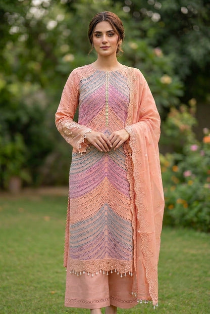 Maria.B Inspired Peach Multicolour Schiffli Cotton Lawn Suit – Stitched 3pc-RW3-129