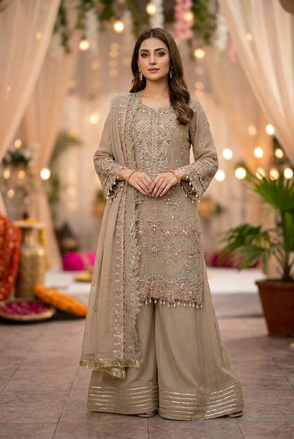 Maria B Inspired Beige Embroidered Chiffon Suit – Stitched 3pc-RW3-148