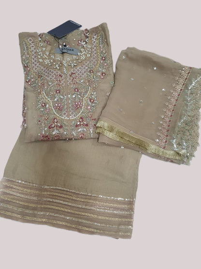 Maria B Inspired Beige Embroidered Chiffon Suit – Stitched 3pc-RW3-148