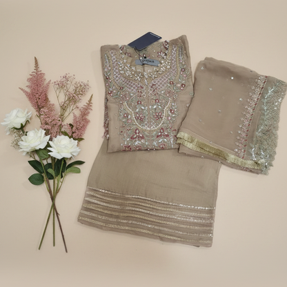 Maria B Inspired Beige Embroidered Chiffon Suit – Stitched 3pc-RW3-148