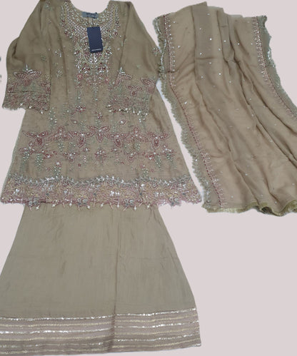 Maria B Inspired Beige Embroidered Chiffon Suit – Stitched 3pc-RW3-148