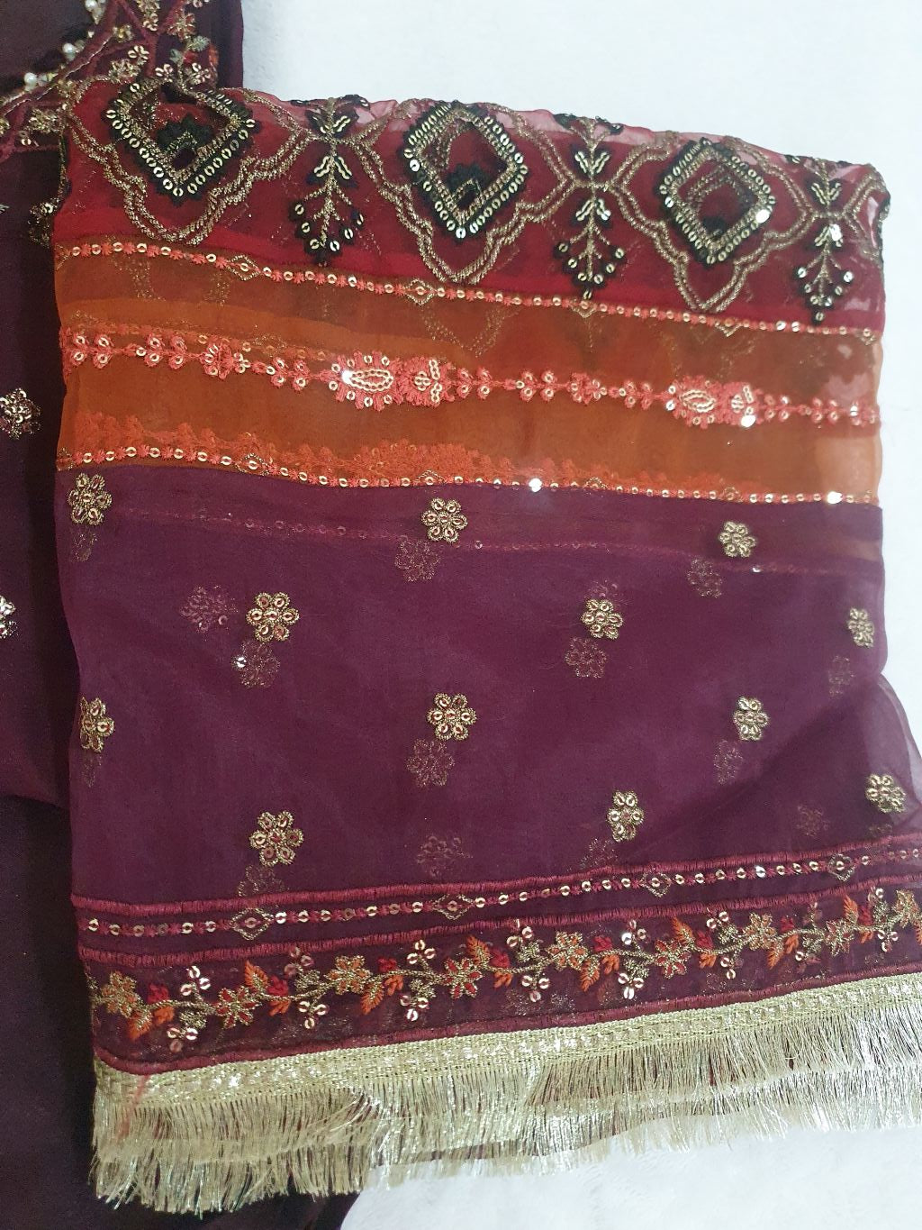 Maria B Inspired Maroon  Embroidered Chiffon Shalwar kameez – Stitched 3pc-RW3-226