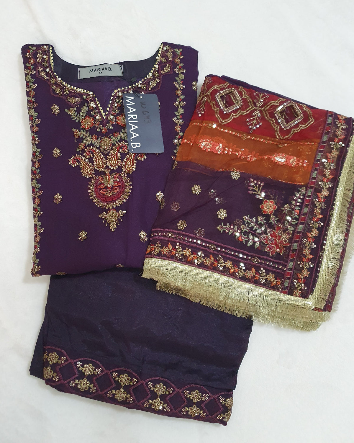Maria B Inspired Plum  Embroidered Chiffon Shalwar kameez – Stitched 3pc-RW3-227