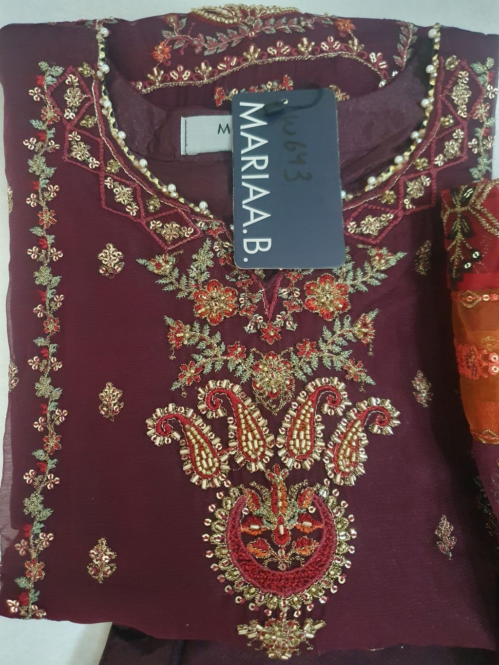 Maria B Inspired Maroon  Embroidered Chiffon Shalwar kameez – Stitched 3pc-RW3-226