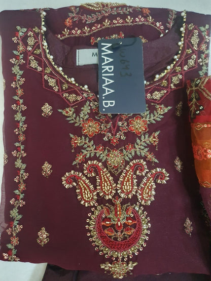 Maria B Inspired Maroon  Embroidered Chiffon Shalwar kameez – Stitched 3pc-RW3-226