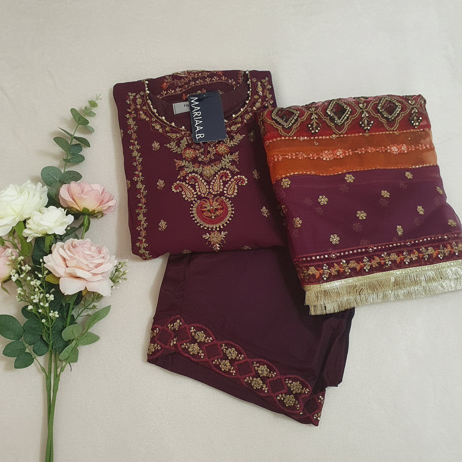 Maria B Inspired Maroon  Embroidered Chiffon Shalwar kameez – Stitched 3pc-RW3-226