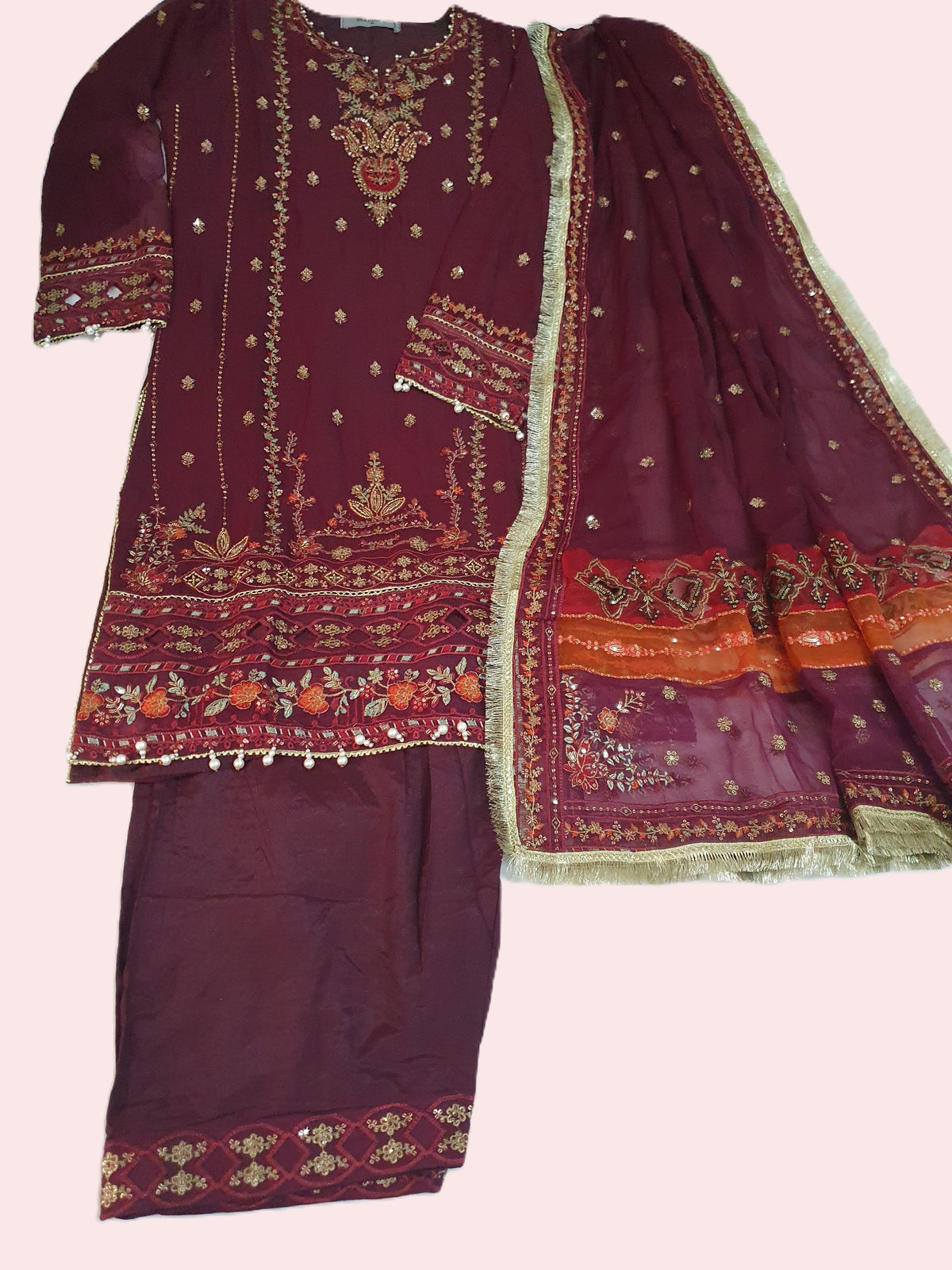 Maria B Inspired Maroon  Embroidered Chiffon Shalwar kameez – Stitched 3pc-RW3-226
