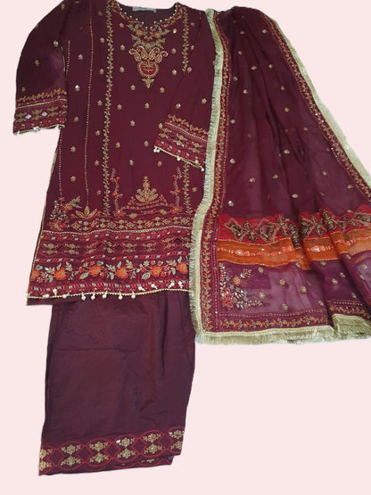 Maria B Inspired Maroon  Embroidered Chiffon Shalwar kameez – Stitched 3pc-RW3-226