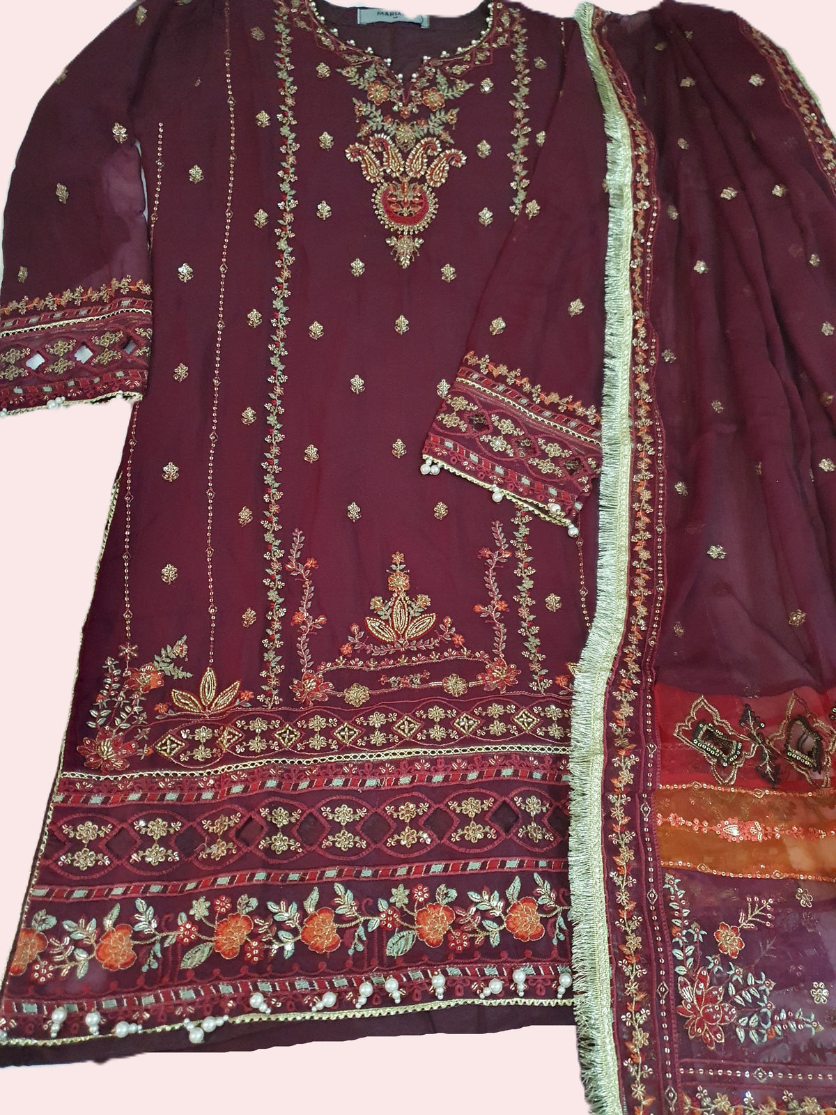 Maria B Inspired Maroon  Embroidered Chiffon Shalwar kameez – Stitched 3pc-RW3-226