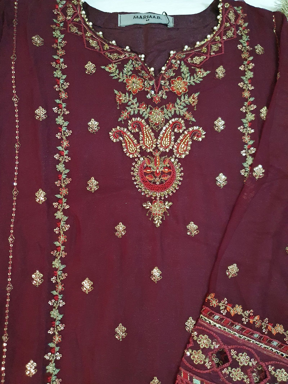 Maria B Inspired Maroon  Embroidered Chiffon Shalwar kameez – Stitched 3pc-RW3-226
