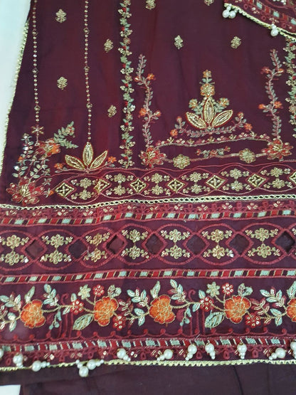 Maria B Inspired Maroon  Embroidered Chiffon Shalwar kameez – Stitched 3pc-RW3-226