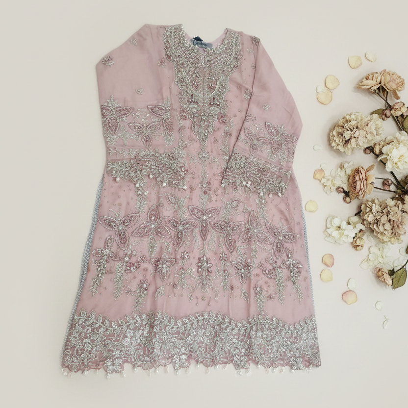 Maria B Inspired Pink Embroidered Chiffon Suit – Stitched 3pc-RW3-150