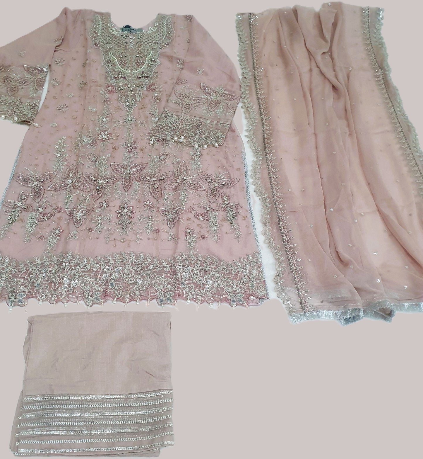 Maria B Inspired Pink Embroidered Chiffon Suit – Stitched 3pc-RW3-150
