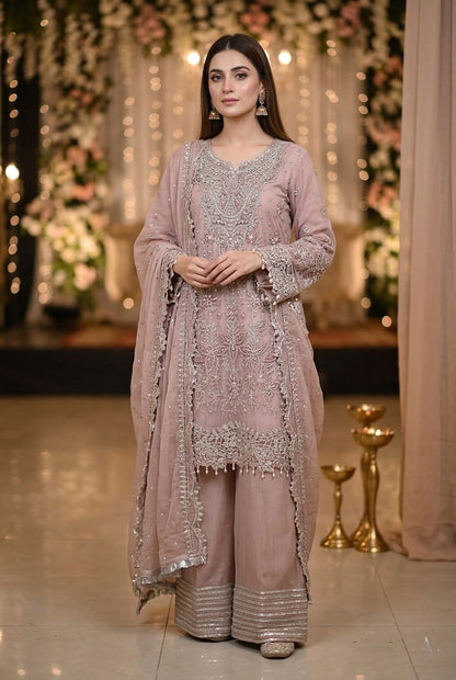 Maria B Inspired Pink Embroidered Chiffon Suit – Stitched 3pc-RW3-150