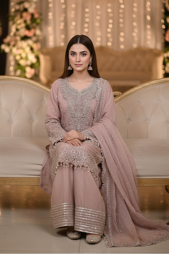 Maria B Inspired Pink Embroidered Chiffon Suit – Stitched 3pc-RW3-150