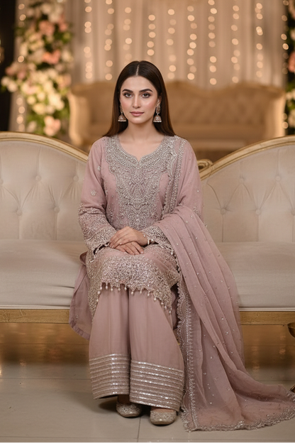 Maria B Inspired Pink Embroidered Chiffon Suit – Stitched 3pc-RW3-150