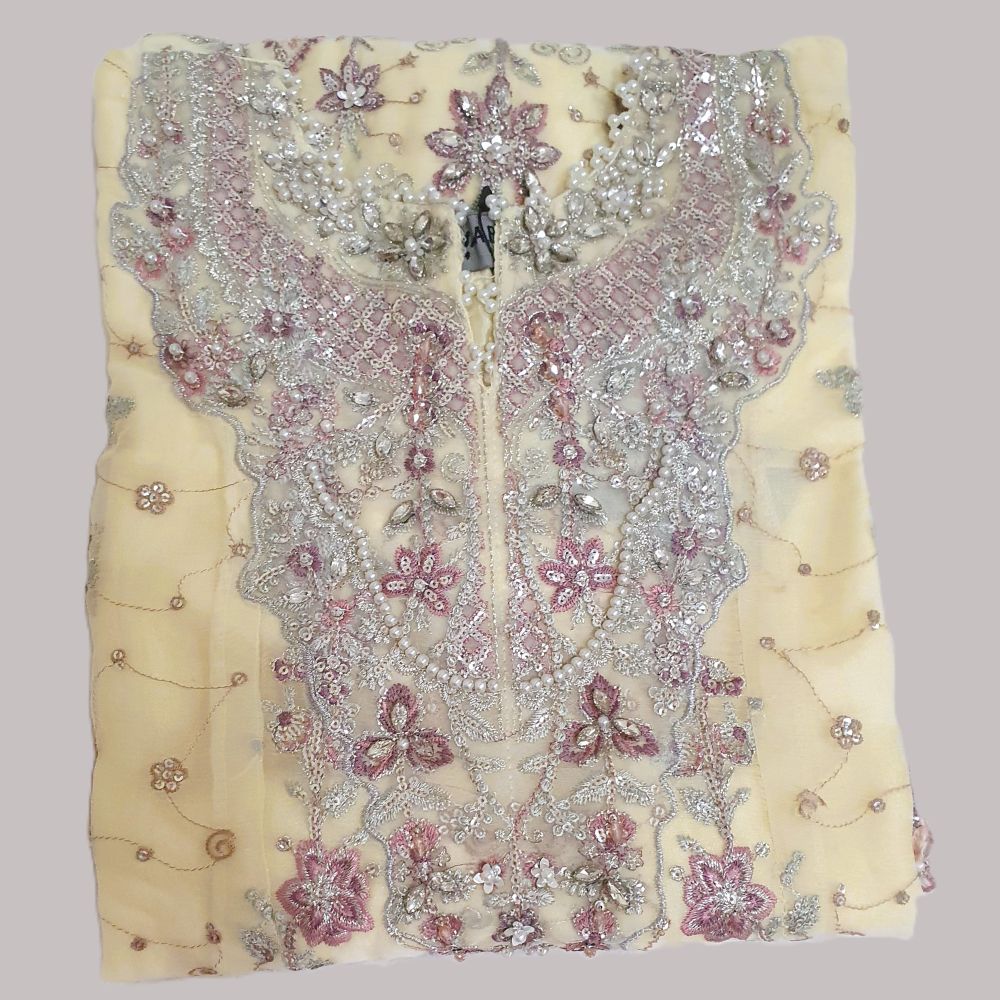 Maria B Inspired Yellow Embroidered Chiffon Suit – Stitched 3pc-RW3-149