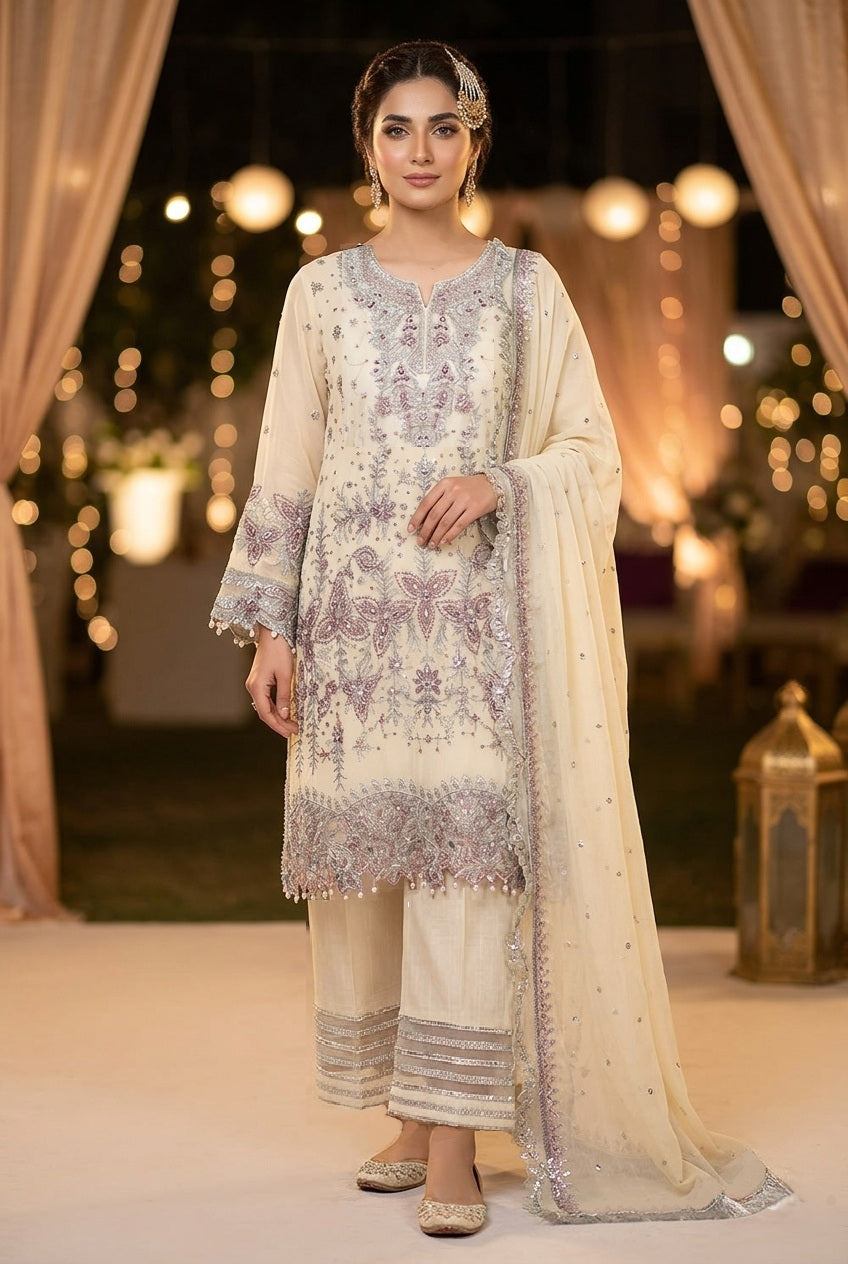 Maria B Inspired Yellow Embroidered Chiffon Suit – Stitched 3pc-RW3-149