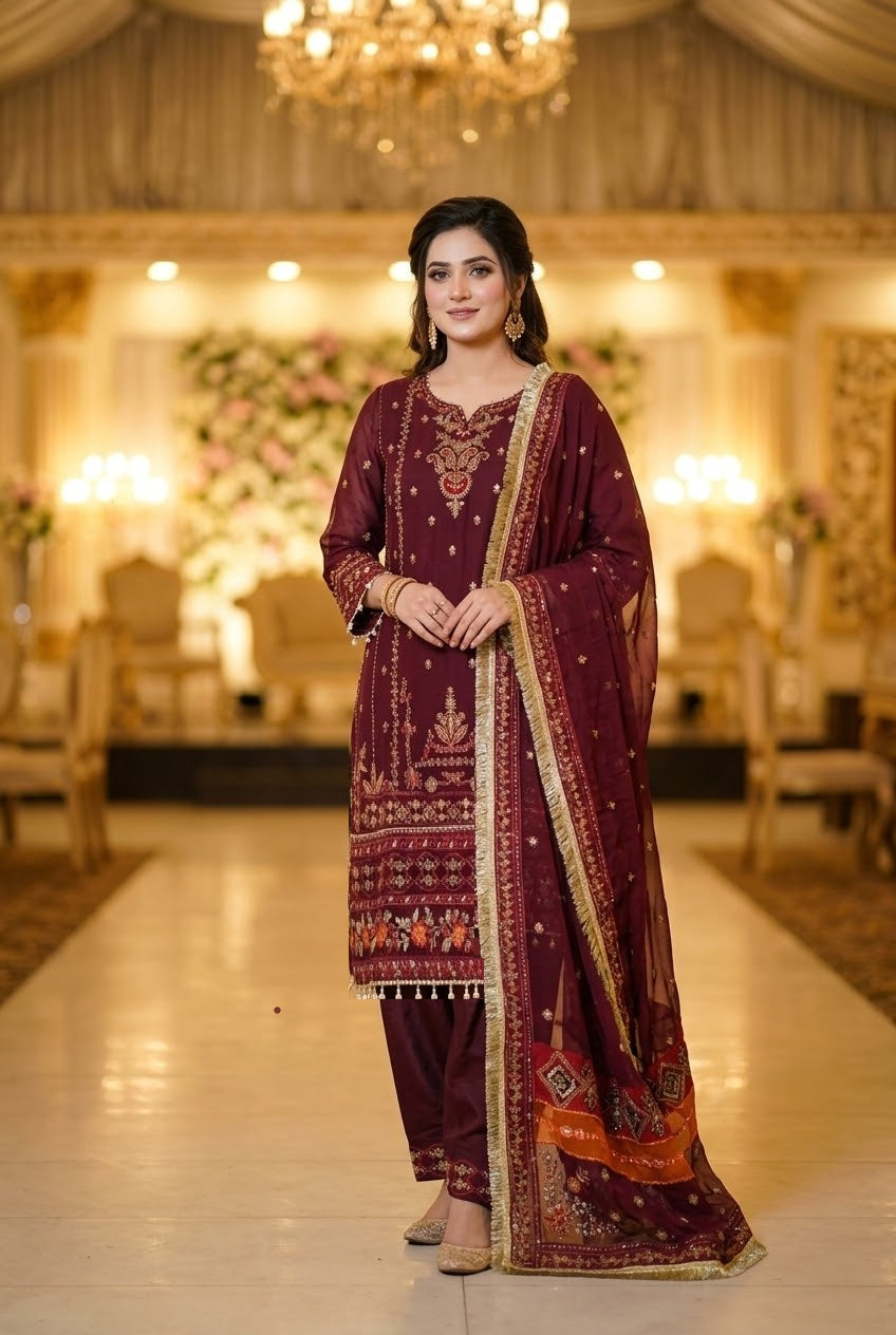 Maria B Inspired Maroon  Embroidered Chiffon Shalwar kameez – Stitched 3pc-RW3-226