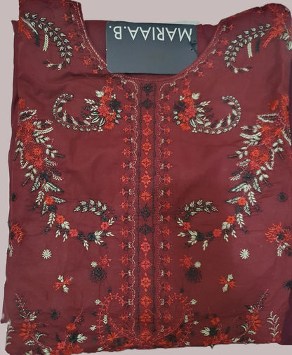 Maria B Inspired Maroon Embroidered Cotton Lawn Suit – Stitched 3pc-RW3-155