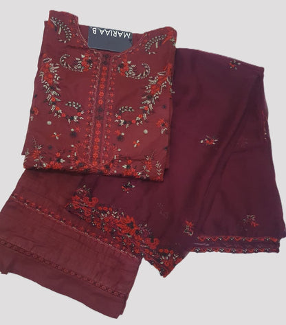 Maria B Inspired Maroon Embroidered Cotton Lawn Suit – Stitched 3pc-RW3-155